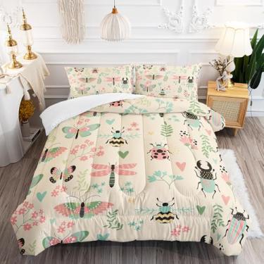 Imagem de AILONEN Conjunto de edredom solteiro com desenho animado de inseto, abelhas, libélulas, joaninhas, conjunto de edredom de mariposa, 3 peças, 1 colcha e 2 fronhas, microfibra leve e macia