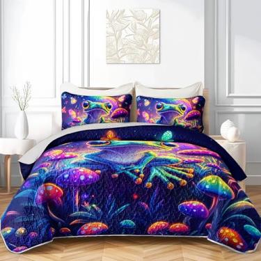 Imagem de AILONEN Conjunto de colcha Queen com desenho de sapo de cogumelo, azul-marinho, borboleta, estrelada, acolchoado, 3 peças, edredom boêmio com 2 fronhas