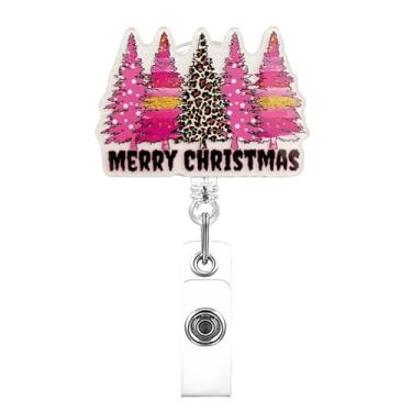Imagem de Carretel de crachá retrátil de Natal com árvores de Natal rosa e suporte de identificação de texto Feliz Natal com clipe jacaré para enfermeiras, trabalhadores de escritório, porta-crachás para