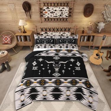Imagem de Erosebridal Conjunto de edredom de caveira de touro ocidental, boêmio, asteca do sudoeste, tamanho queen, para meninos, adolescentes, homens, étnicos, nativos, fazenda, rústico, tribal, 3 peças, preto
