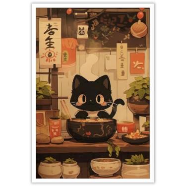 Imagem de Pôster engraçado fofo gato preto comendo ramen japonesa deliciosa arte de parede animais comendo macarrão impressões pintura para cozinha casa quarto dormitório decoração de parede 30 x 40 cm sem