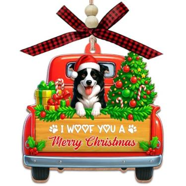 Imagem de I Woof You A Merry Christmas - Border Collie Dog in Truck Enfeite de madeira de 2 camadas - Decoração de férias rústica fofa - presente para amantes de cães e donos de animais de estimação