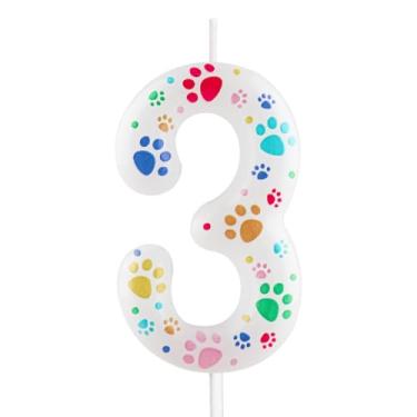 Imagem de Velas de aniversário com estampa de pata de cachorro – Velas brancas número 3 cobertas com estampas coloridas de patas para festas de aniversário de cães e celebrações de animais de estimação, 3 velas