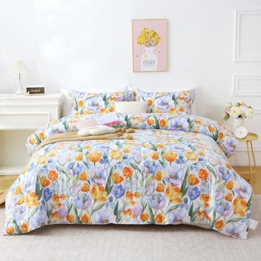 Imagem de Mooreeke Conjunto de edredom floral, tamanho king, vintage, roxo, laranja, para todas as estações, cama vintage de 3 peças em uma bolsa com edredom acolchoado fofo reversível e 2 fronhas