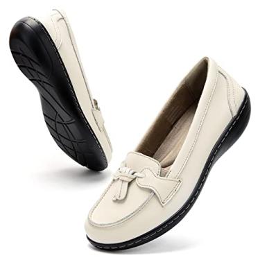 Imagem de Maichal Mocassins femininos sem cadarço confortáveis de couro com borla, Bege, 7 Wide