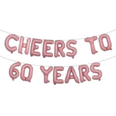 Imagem de Cheers to 60 Years Banner Foil 60º aniversário balão decorações de festa para ele/ela 60 anos decorações de aniversário suprimentos de festa de casamento para homens/mulheres (CHEERS TO 60 YEARS Pink)