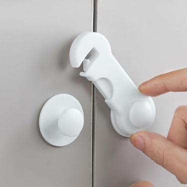 Imagem de Pacote com 4 fechaduras de armário, travas de segurança para crianças para gavetas de cozinha e banheiro, adesivo sem perfuração, fechaduras de armário de segurança para bebês, brancas