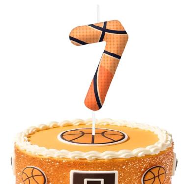 Imagem de Velas de aniversário número 7 de basquete, topo de bolo com tema de basquete para meninos e meninas, decorações de bolo para aniversários, suprimentos de festa com tema esportivo, velas para