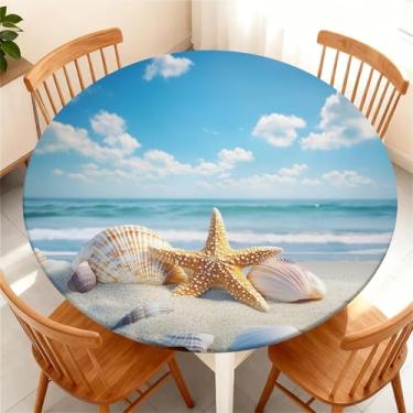 Imagem de COTAIL Toalha de mesa redonda à prova d'água com borda elástica, capa de mesa redonda ajustável e limpa para mesas de verão de até 114 a 122 cm para festas de piquenique na cozinha, concha azul praia