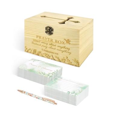 Imagem de Onism Caixa de oração grande – madeira gravada com ranhura, vem com 100 cartões de pedido de oração e 1 caneta de oração, presente cristão ideal para primeira comunhão, advento e Natal