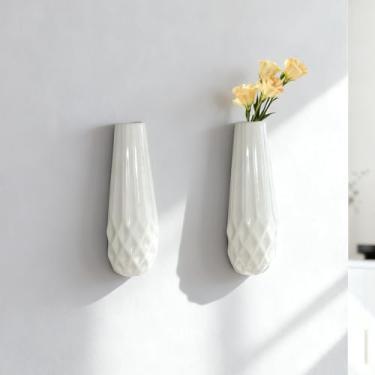 Imagem de Pacote com 2 vasos de cerâmica GDSZJLJ artísticos de parede, vaso branco pendurado que transforma flores em arte de parede, vaso decorativo de cerâmica