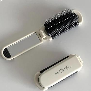 Imagem de Escova de cabelo dobrável para viagem com espelho removível removível, branco creme, portátil, com cerdas flexíveis, pente leve e dobrável para mulheres (branca)