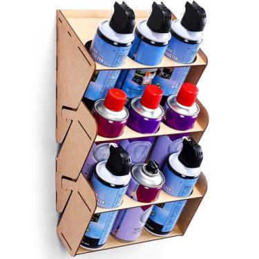 Imagem de Organizador de latas de tinta spray de madeira de 3 camadas – comporta 9 latas montadas na parede | Rack de armazenamento de aerossol resistente para garagem, oficina e sala de artesanato | Design