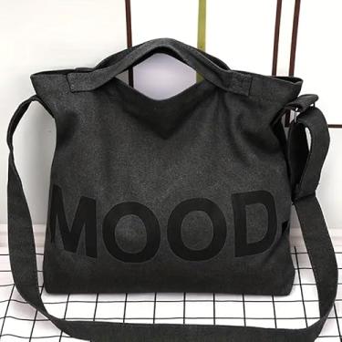 Imagem de Bolsa de lona MOOD de grande capacidade com fecho de zíper, bolsas gráficas com letras, preta