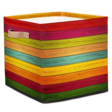 Imagem de hongjinglin Cestos dobráveis de armazenamento de cubos de madeira arco-íris, caixas dobráveis à beira-mar, brinquedo infantil com alças, organizador de tecido, cesto organizador para berçário, sala de