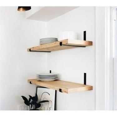 Imagem de 2 Prateleiras Invertida Suporte De Madeira Com Mão Francesa De Ferro Auxiliar Decorativa(Natural,15cm X 50cm)