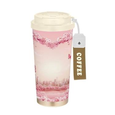 Imagem de SEHANY Caneca de viagem Neon Butterfly 482 g Copos de café reutilizáveis revestidos de cerâmica com tampa à prova de vazamento, parede dupla, isolamento a vácuo, copo de café de aço inoxidável para