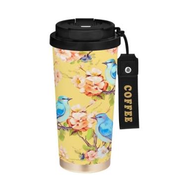 Imagem de SEHANY Caneca de café de viagem Blue Birds 482 g com tampa revestida de cerâmica e à prova de vazamento, parede dupla, isolada a vácuo, copo de aço inoxidável para bebidas quentes e frias