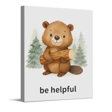 Imagem de Impressão artística com citações inspiradoras Be Helpful Beaver, arte de parede em tela de berçário de safári, decoração de parede de animal de bebê para quarto de bebê, presentes para bebês meninos e