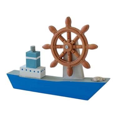 Imagem de Fenteer Modelo de de madeira, náutico com roda de direção, decoração de barco à vela para casa de campo, Azul Claro