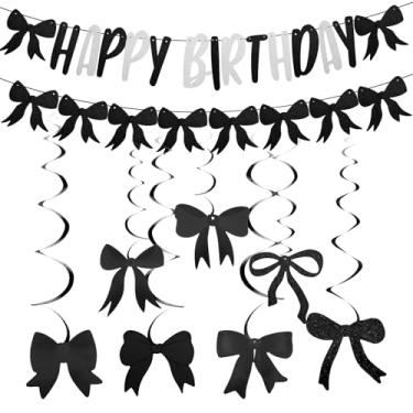 Imagem de Conjunto de decorações de aniversário de laço preto, elegante faixa de feliz aniversário, guirlanda e laço pendurado, decoração de festa para celebrações memoráveis da Coquete