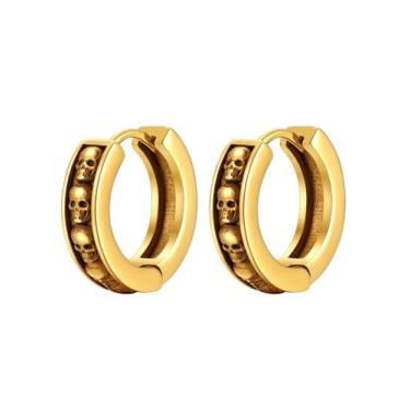 Imagem de ChainsPro Brincos de argola para homens e mulheres, elos cubanos/viking nórdico/crânio abraçado, joias punk hipoalergênicas, aço inoxidável/banhado a ouro/preto com caixa de presente, Aço inoxidável