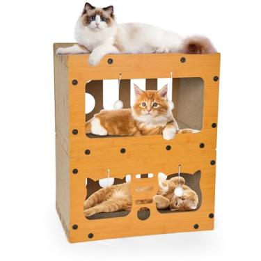 Imagem de Casa para gatos de papelão, casa arranhadora de camada dupla para gatos internos, design 2 em 1, resistente e fácil de montar, cama arranhadora com tábua de arranhar e brinquedo de bola pendurada