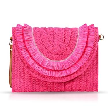Imagem de QTKJ Bolsas transversais para mulheres, bolsas clutch de palha, pacote de envelope de tecido boêmio, bolsas de mão femininas com borla, Vermelho