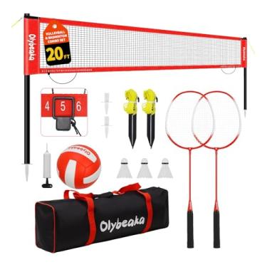 Imagem de Olybeaka Conjunto De Rede Combinada Para Vôlei E Badminton 20 Pés Praia No Quintal Com Postes Ajustáveis, Anti-Flacidez Durável, Poliuretano, 2 Raquetes Alumínio