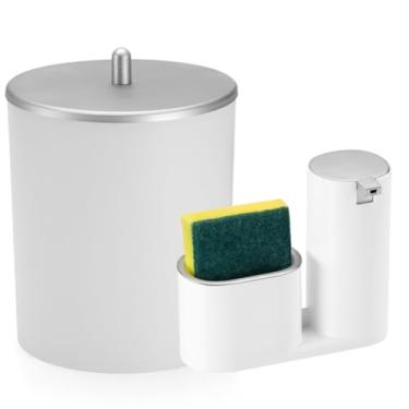 Imagem de Kit Lixeira 5L com Tampa + Dispenser de Detergente 900ml Luxo – Conjunto para Cozinha e Banheiro Modernos(Branco Prata)