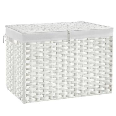 Imagem de Cesta de armazenamento de vime de 240 l com tampa, cesta grande de vime tecida à mão com forro removível, cesta de vime de 160 litros para cobertor, porta-malas com alça para armário, quarto, sala de