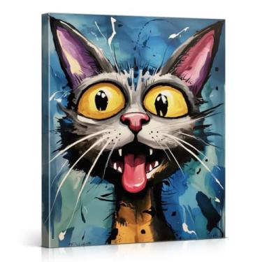 Imagem de Impressão de arte de parede de gato moderno desenho animado caprichoso na moda gato imagem animal decoração de parede para casa, sala de estar, quarto, escritório, tela emoldurada 20 x 25 cm