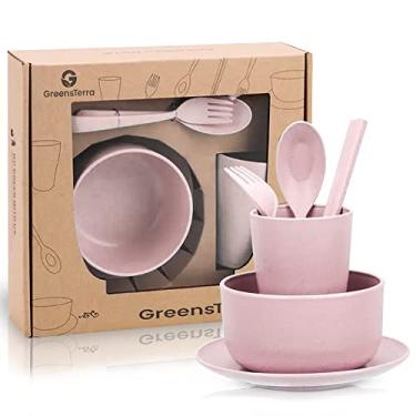 Imagem de GREENSTERRA Conjunto de louça de palha de trigo ecológico – Pratos e tigelas de palha de trigo reutilizáveis e duráveis com utensílios – Ótimo para piquenique, acampamento – seguro para micro-ondas e lava-louças – Rosa