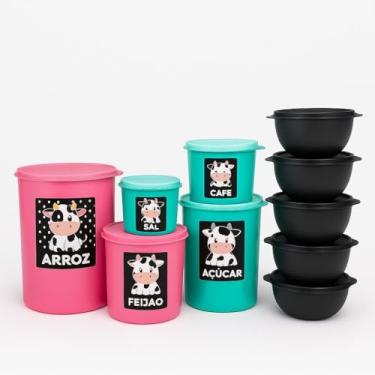 Imagem de Kit 10 Potes 5 de Mantimentos AMOR E SONHOS + 5 Bowls com Tampa – Organizadores de Cozinha, Plástico Resistente, Temática Vaquinha, Armazenamento para Alimentos, Cereais e Mantimentos