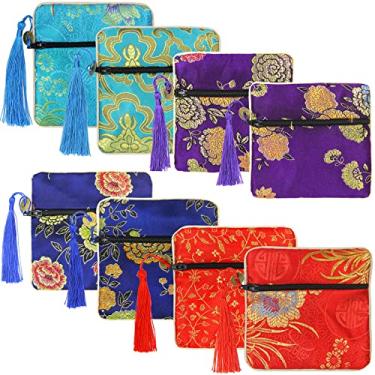 Imagem de PINOWU 8 bolsas de joias de brocado de seda com zíper (11,5 x 11,5 cm), bolsa de joias de seda, bolsas de presente para mulheres, moedas de viagem, rolos de joias, lembrancinhas de festa de