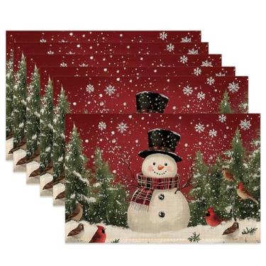 Imagem de Jogo americano fofo de tecido de boneco de neve, jogo americano de mesa cardeal de Natal, conjunto de 6 tapetes de pano, tapetes de mesa laváveis resistentes ao calor para decoração de casa, cozinha