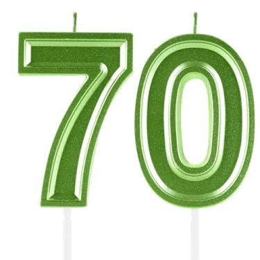 Imagem de Velas de aniversário de 70 anos, numerais verdes 70, decoração de topo de bolo, meninas, meninos, tema de aniversário, festa de casamento, aniversário de casamento, suprimentos para celebração