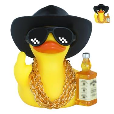 Imagem de FINEED Decoração de pato de borracha cowboy com garrafa, chapéu e correntes – Decoração de painel de carro para alívio de estresse, presente divertido para adultos com óculos de sol e almofadas