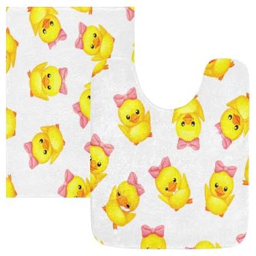 Imagem de Burbuja Conjunto de tapetes de banheiro de patinhos de desenho animado, tapete de banho absorvente de pelúcia macio, base de vaso sanitário antiderrapante para banheiro