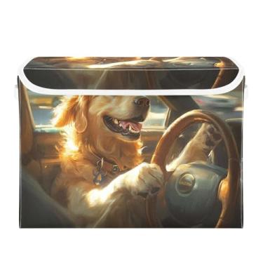 Imagem de CEBUGI Caixotes de armazenamento com tampas, caixa de armazenamento de tecido dobrável, compartimentos organizadores de cubo de condução de cães para prateleiras de quarto de armário de casa 40 x 30 x