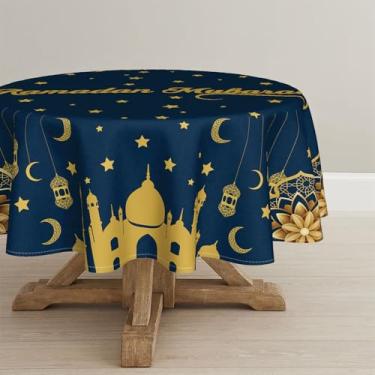 Imagem de Horaldaily Toalha de mesa Ramadã 177 × 177 cm redonda, azul e dourada lua estrela Ramadan Kareem, toalha de mesa sazonal Ramadan Mubarak lavável para decoração de festa piquenique e jantar