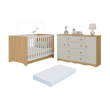 Imagem de Berço Americano 3 em 1 com Colchão Incluso e Cômoda 2 Portas 4 Gavetas Realeza Multimóveis Mp4705 Madeirado/off White