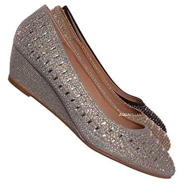 Imagem de Forever Sandália feminina de salto baixo com bico fechado para festa de casamento, Prata, 36