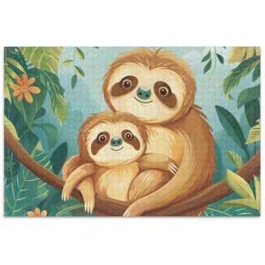 Imagem de Quebra-cabeça fofo preguiça mãe filhote 1000 peças adultos engraçado jogo de quebra-cabeça presente adulto paisagem floral