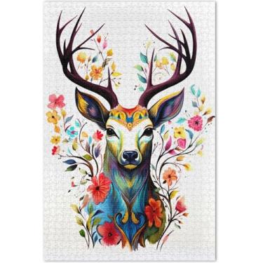 Imagem de Quebra-cabeças coloridos de chifres de veado 1000 para adultos, arte, brinquedo, pintura, natureza, quebra-cabeças, elefante branco, presentes engraçados