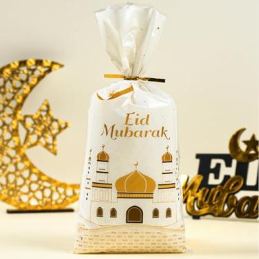 Imagem de 100 unidades de sacos de celofane Eid Mubarak, sacos de guloseimas transparentes com laços torcidos, saco de doces Ramadan Kareem para lembrancinhas de festa e decorações de lanches de férias