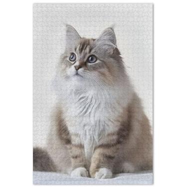 Imagem de Quebra-cabeças de gato de pelo comprido fofo de 1000 peças para adultos, decoração de pintura de quebra-cabeças, paisagem, jogos, presentes tecnológicos