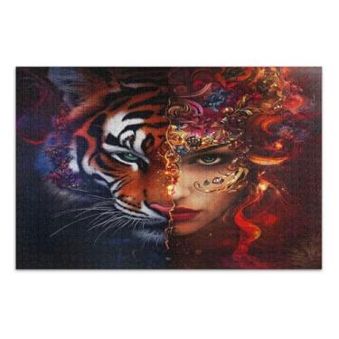 Imagem de Quebra-cabeça feminino meio tigre 1000 peças para adultos, quebra-cabeça familiar, jogos educativos