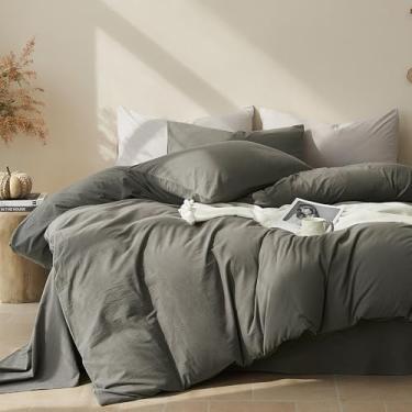 Imagem de JELLYMONI Capa de edredom tamanho solteiro - capa de edredom de algodão lavado com textura de linho, roupa de cama respirável e macia para casa moderna, quarto de hóspedes e uso diário, cinza escuro 1