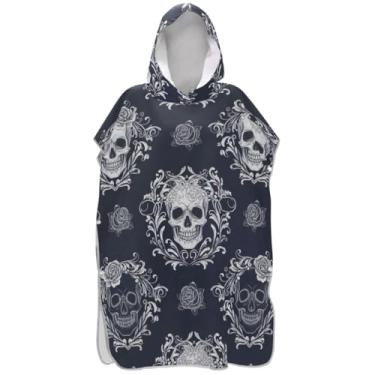 Imagem de Joisal Poncho de surfe vestível trocador roupão adulto com capuz toalha de natação floral crânio escuro feminino ponchos com capuz